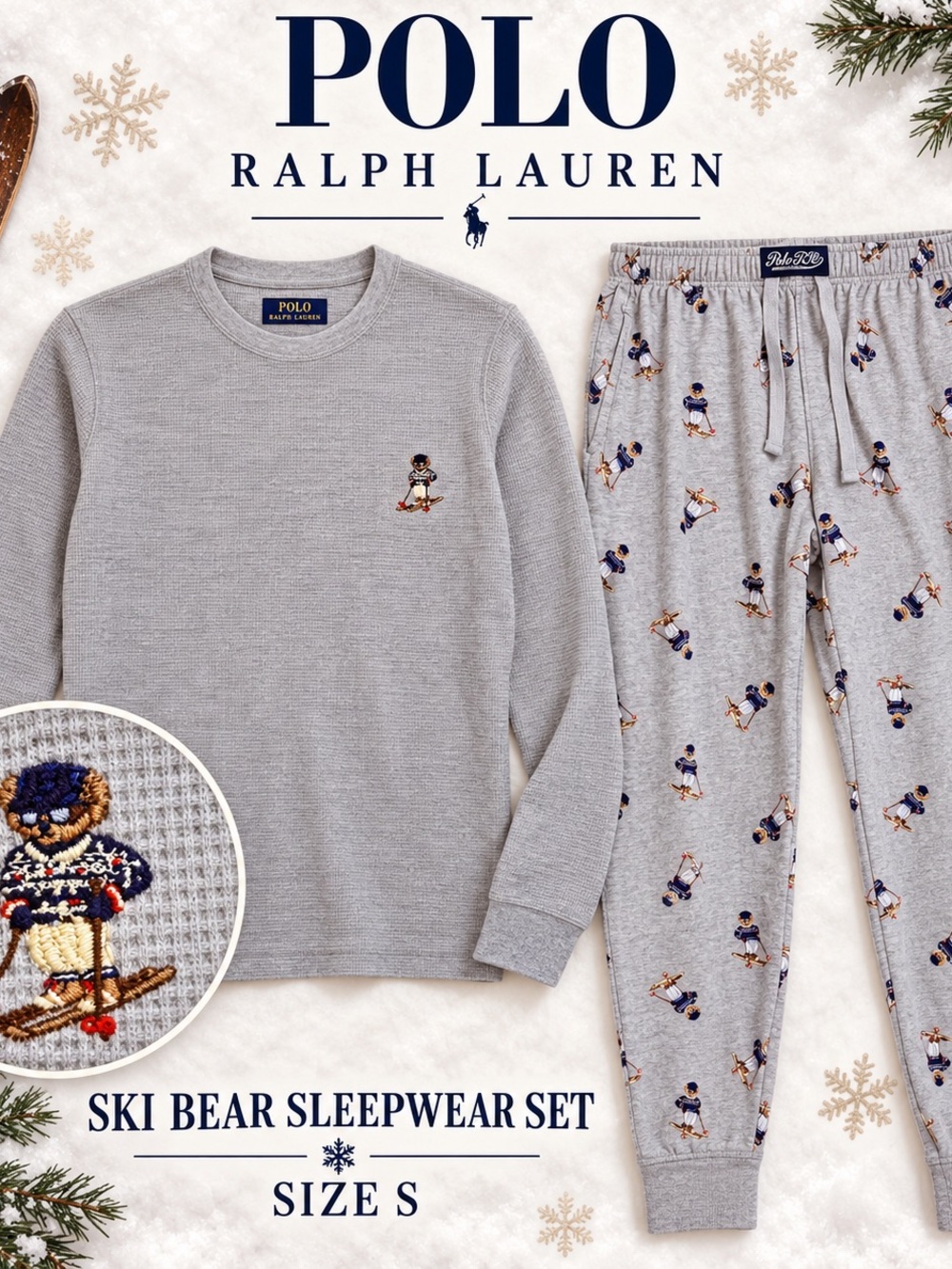 Polo Ralph Lauren Ski Bear Pajama Set Gray Thermal Top Pants Preppy Ski Lodge